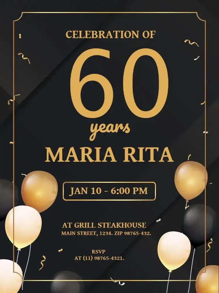 Invitation 60 Years Elegant Balloon – Kids' Birthday Party theme elegant, golden, black, balloons, confetti, modern
