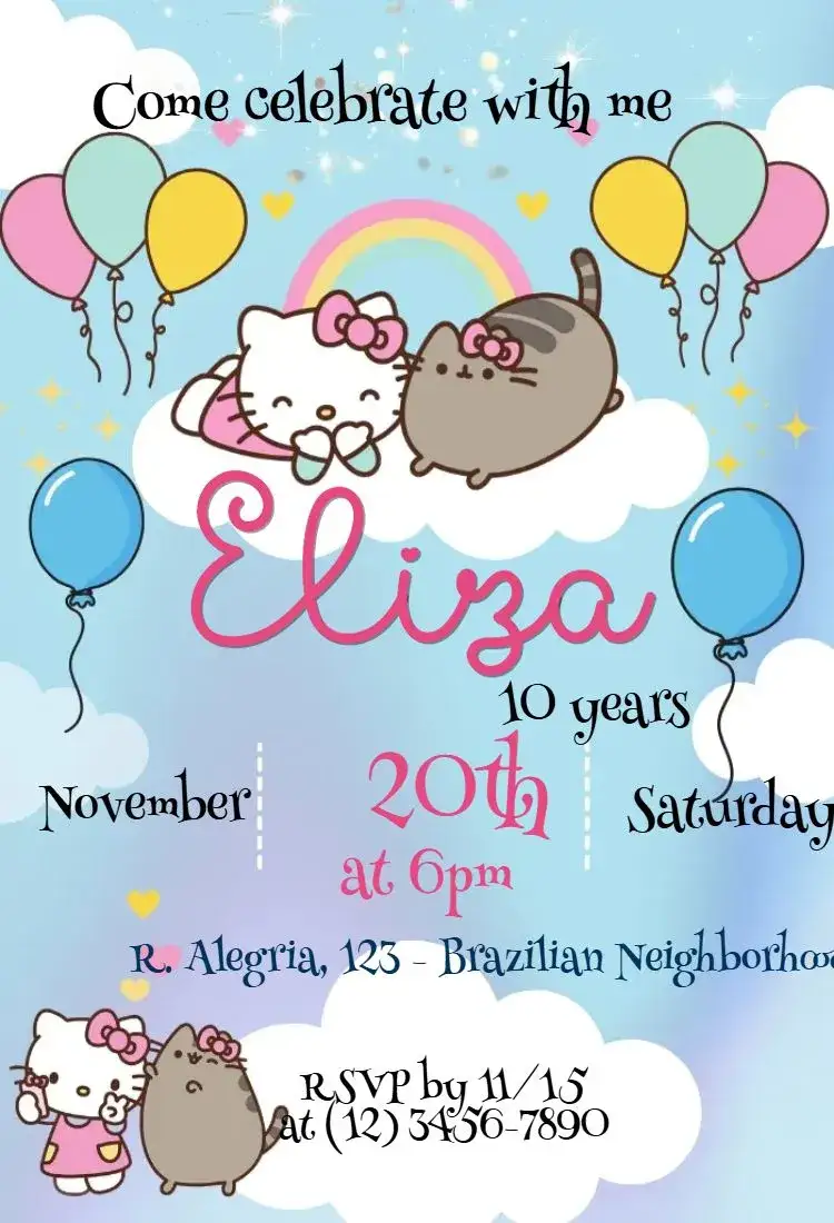 Invitation Hello Kitty and Pusheen – Kids' Birthday Party theme colorful, fun, kawaii, cheerful, cute illustrations