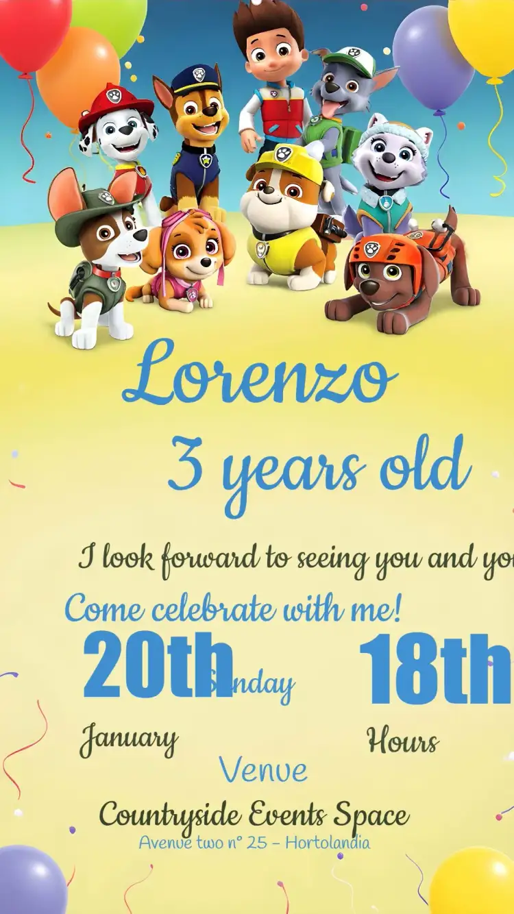 Invitation Yellow Paw Patrol – Kids' Birthday Party theme colorful, fun, themed, childish, lively
