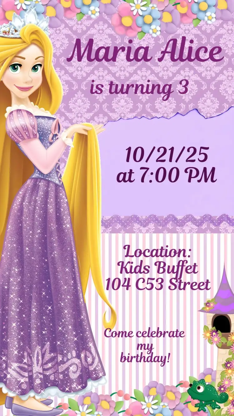 Invitation Tangled – Kids' Birthday Party theme pastel colors, fairy tales, childish illustrations, floral elements, enchanted style, vibrant and cheerful