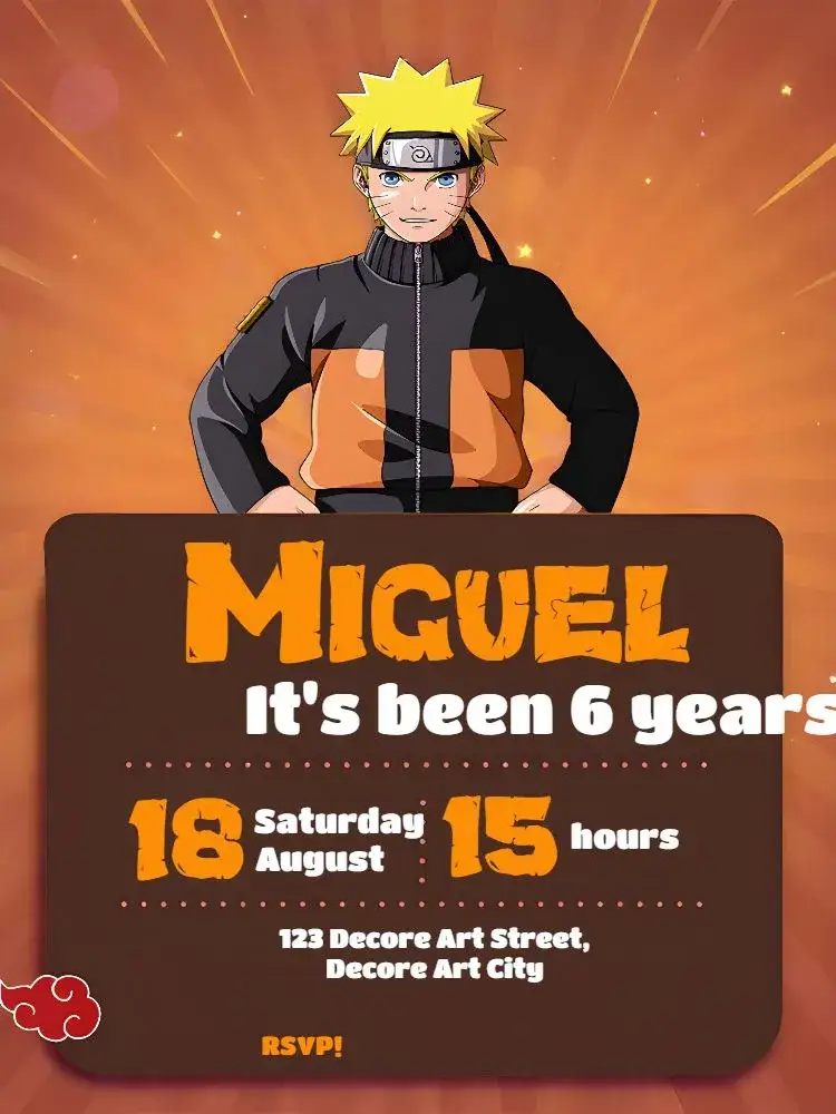 Invitation Orange Naruto – Kids' Birthday Party theme ninja, animated, colorful, modern, themed, fun