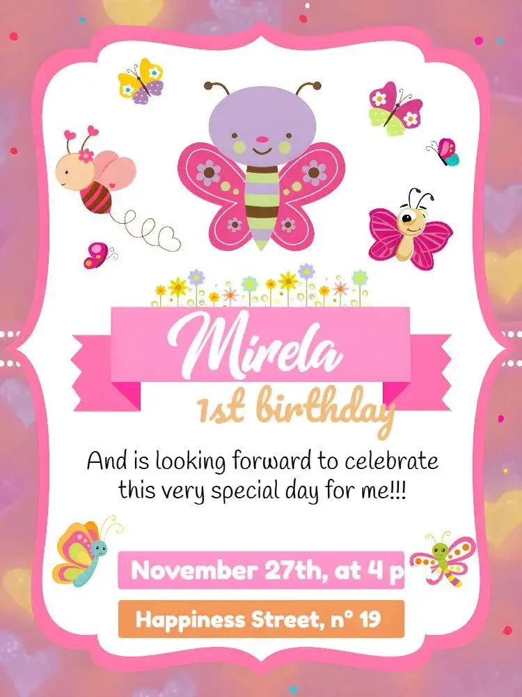 Invitation Striped Butterfly Garden – Commemorative Dates theme floral, colorful, cheerful, modern, delicate, childish