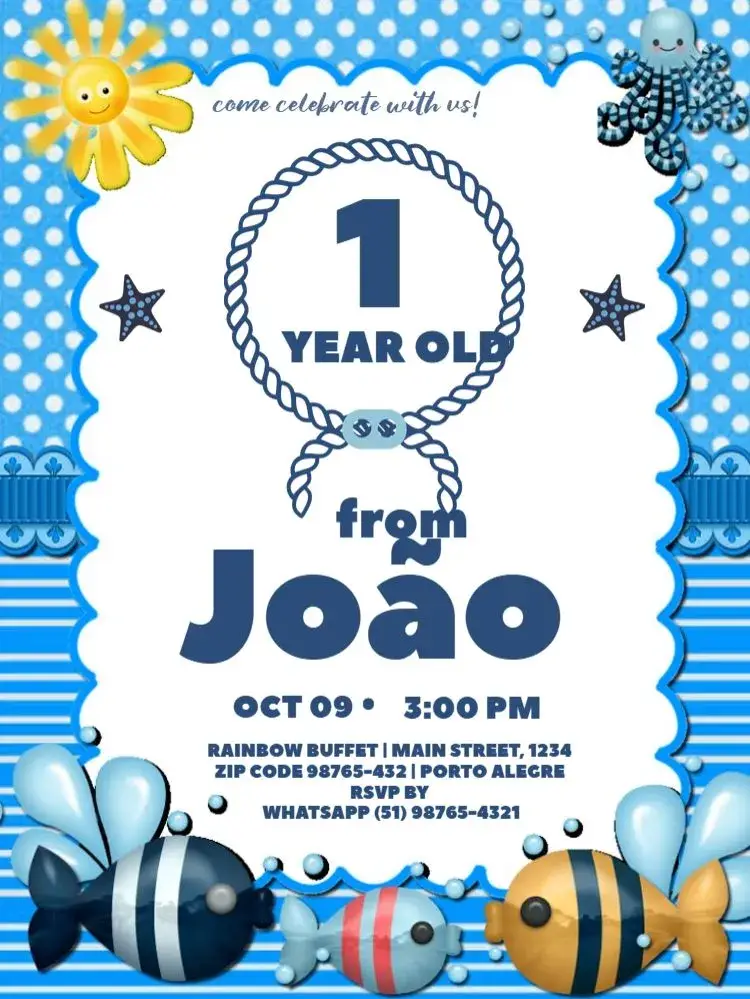 Invite 1st Birthday Fish Editable Boy editable and customizable