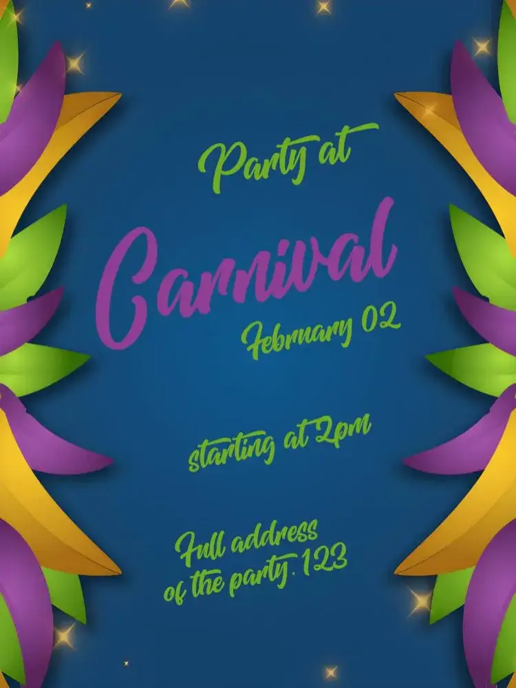 Invitation Purple Carnival Party – Commemorative Dates theme vibrant purple, cheerful blue, colorful masks, confetti, festive style, modern design