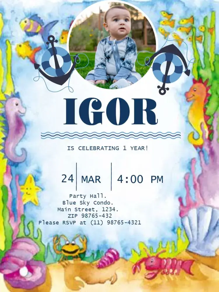 Invite Under the Sea 1st Birthday Kids Photo Editable Background editable and customizable