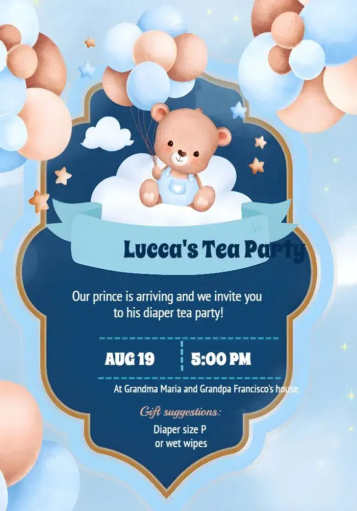 Invitation Baby Shower Bear Balloon – Diaper Shower theme cute animals, colorful balloons, childlike style, blue and white, delicate illustrations