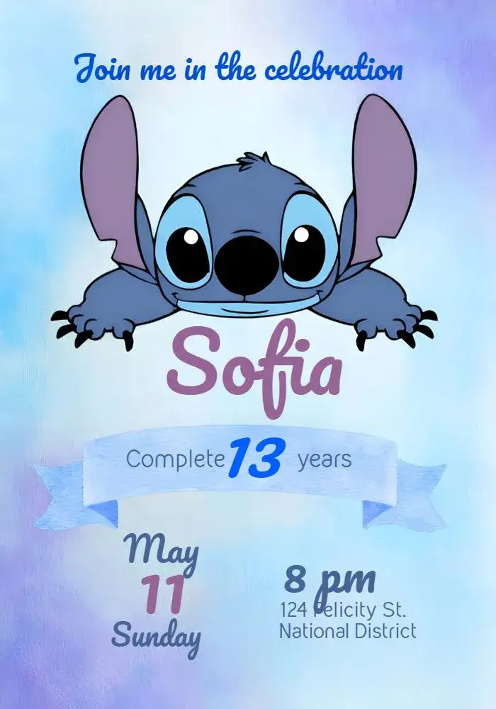 Invitation Stitch Lilo – Most searched for theme watercolor, cute, childlike, fun, colorful, modern