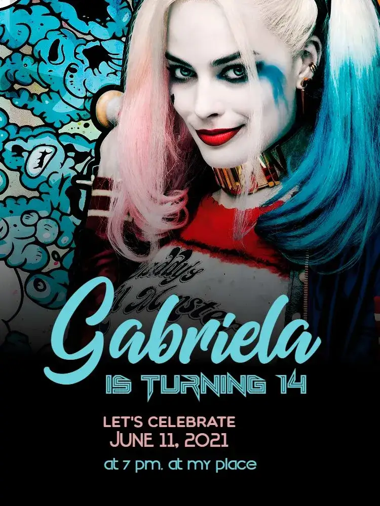 Invitation Harley Quinn Pink – Kids' Birthday Party theme vibrant colors, modern style, comic book graphic elements, superhero theme, fun design, colorful illustrations