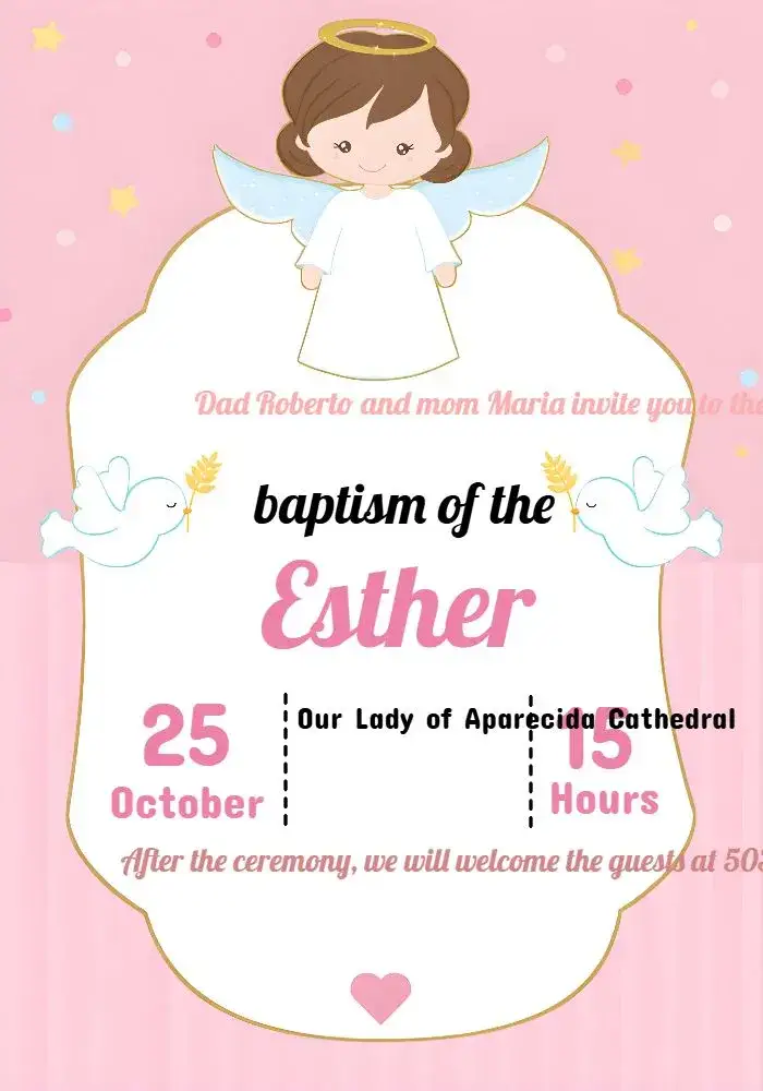 Invitation Girl's Pink Baptism – First Communion theme pink, delicate, angels, minimalist, floral, pastel