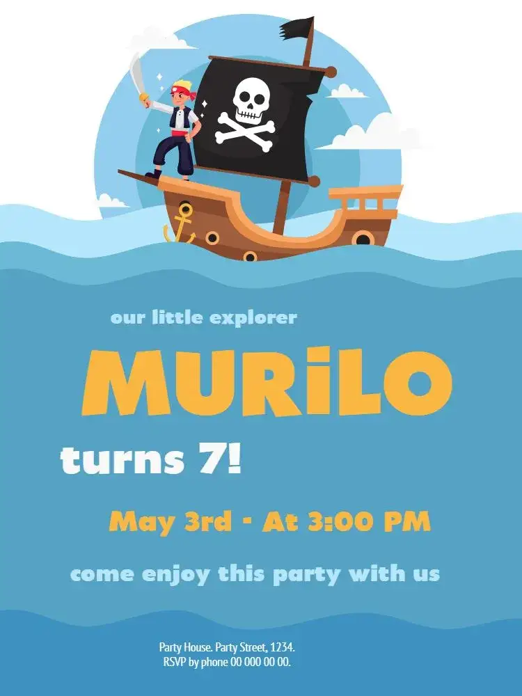 Invitation Ocean Pirates – Kids' Birthday Party theme pirate theme, ocean colors, nautical elements, adventurous style, childish design, fun graphics