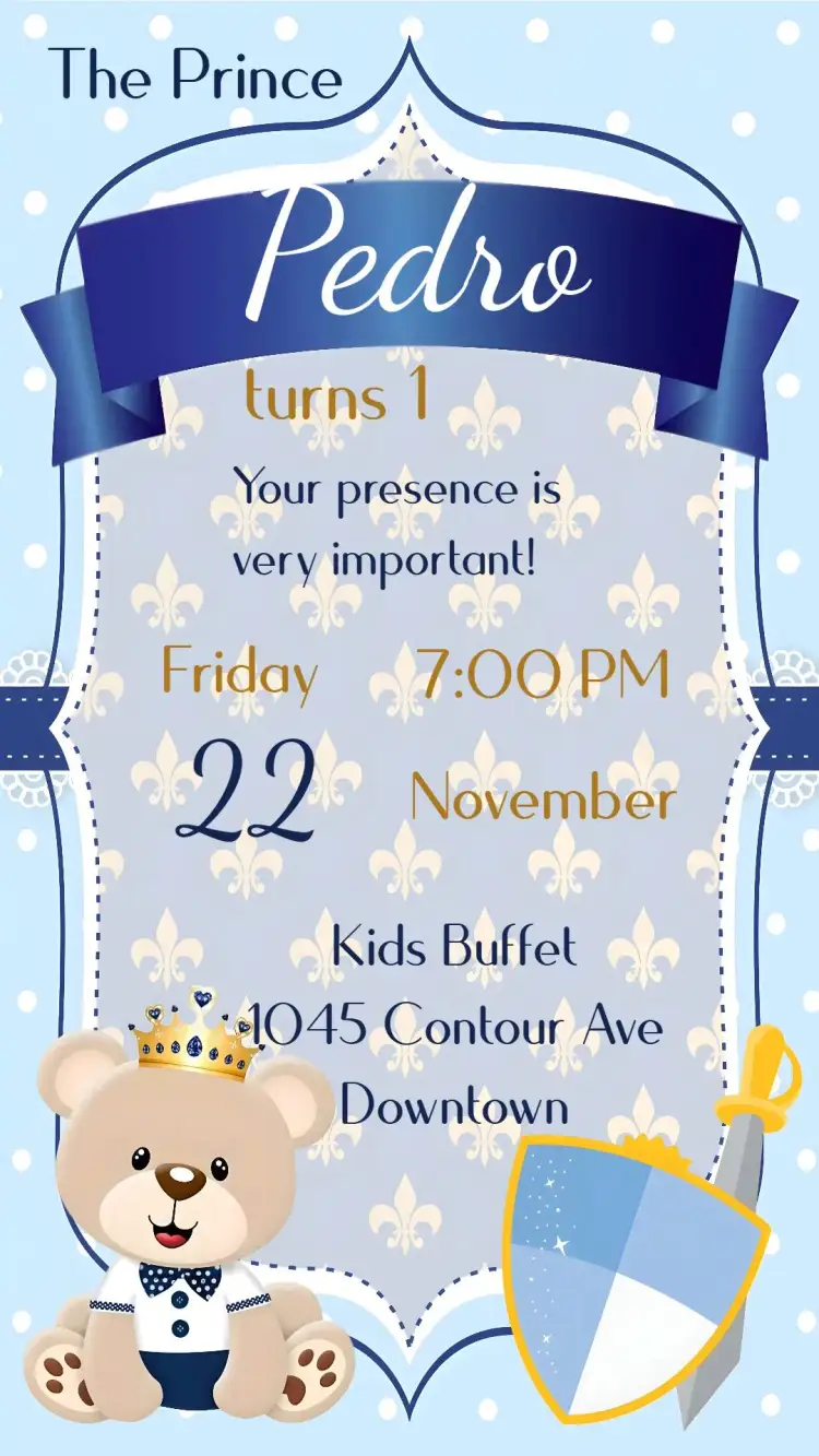 Invitation Prince Teddy Bear – Kids' Birthday Party theme light blue, golden, royalty, children's party, cute