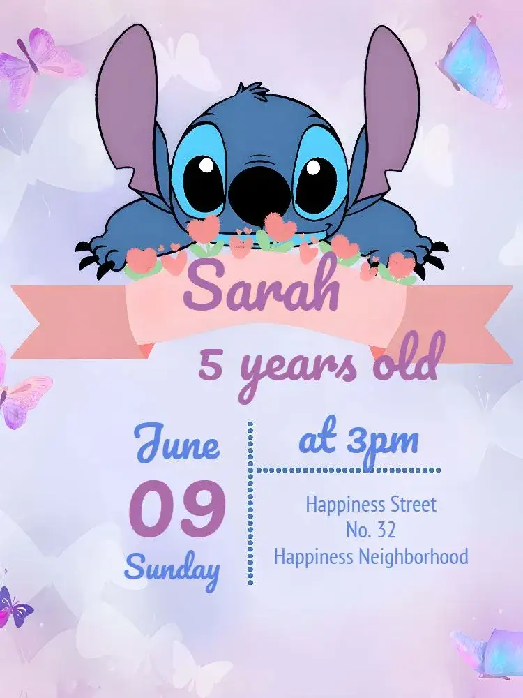 Invitation Stitch Party – Most searched for theme movie theme, vibrant colors, fun graphic elements, playful style, childish design