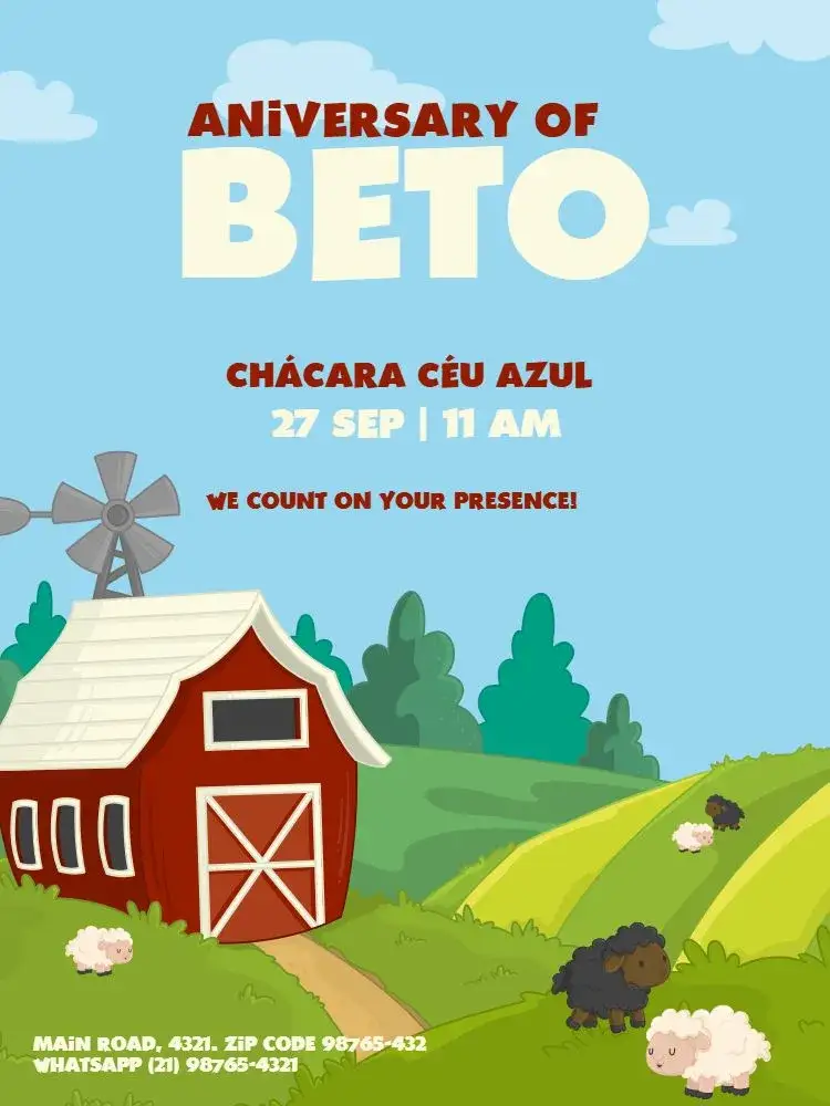 Invitation Blue Farm Boy – Kids' Birthday Party theme blue, green, nature, playful, farm party