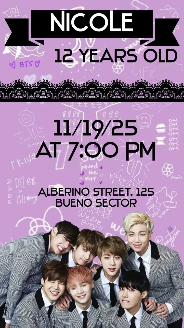 Invitation BTS – Birthday theme colorful, modern, fun, youthful, K-pop inspired, vibrant