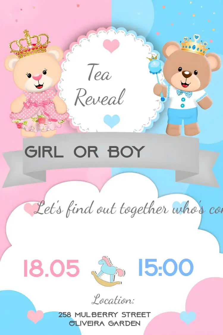 Invitation Blue Royal Teddy Bears Gender Reveal Tea Party – Kids' Birthday Party theme royalty, teddy bears, blue, pink, fun, cute