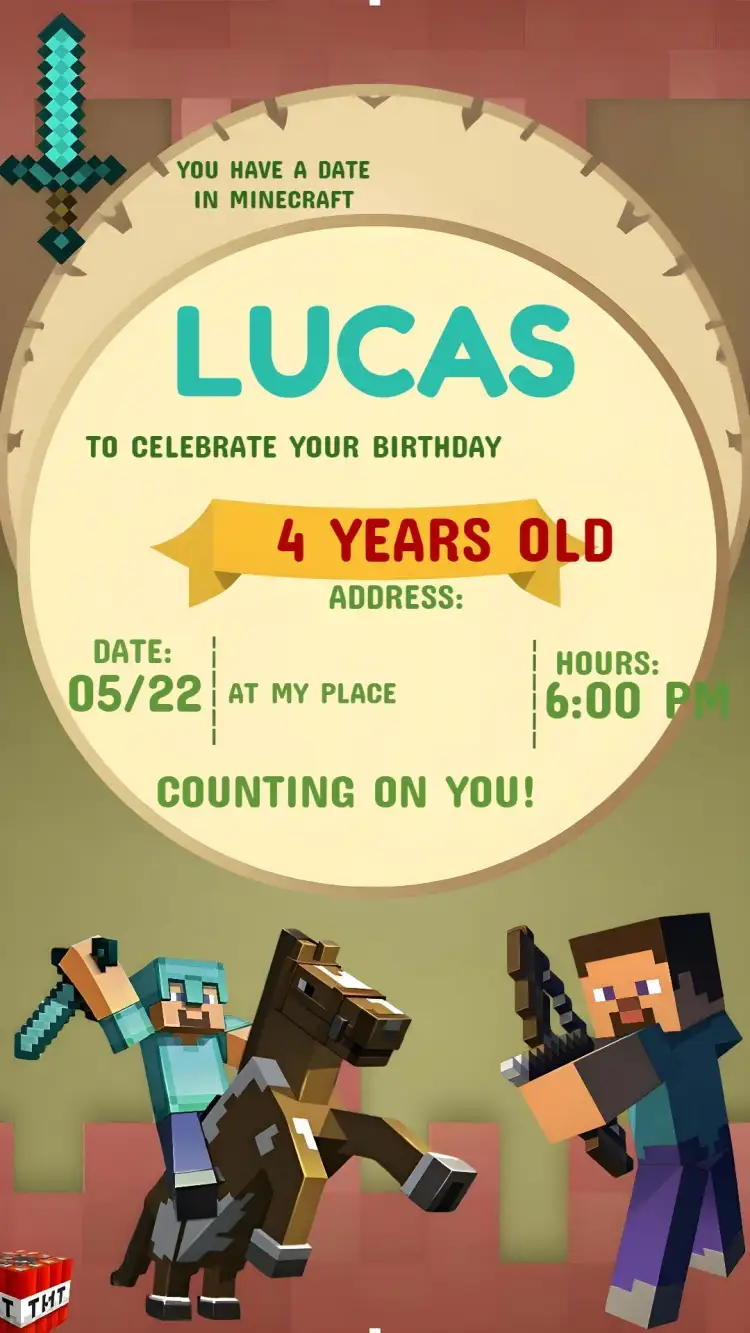 Invitation Colorful Minecraft – Kids' Birthday Party theme colorful, gamer, modern, fun, childish, themed