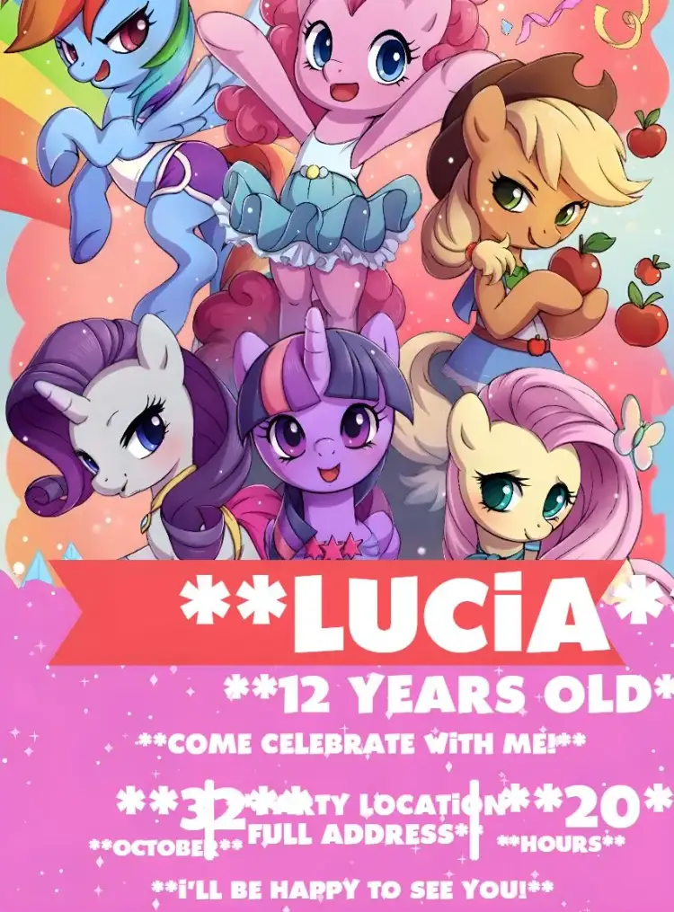 Invitation My Little Pony Pink – Kids' Birthday Party theme pink, white, magical, fantasy, childlike, adorable illustrations