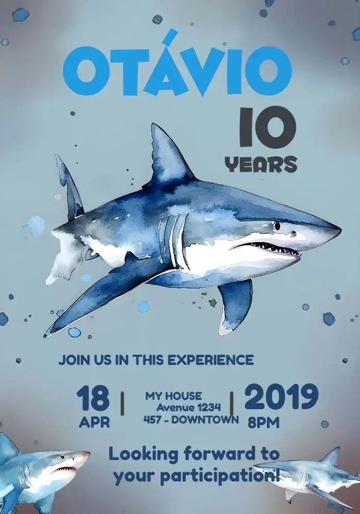 Invitation Watercolor Shark Boy – Most searched for theme aquarela, blue, navy, fun, childlike, themed