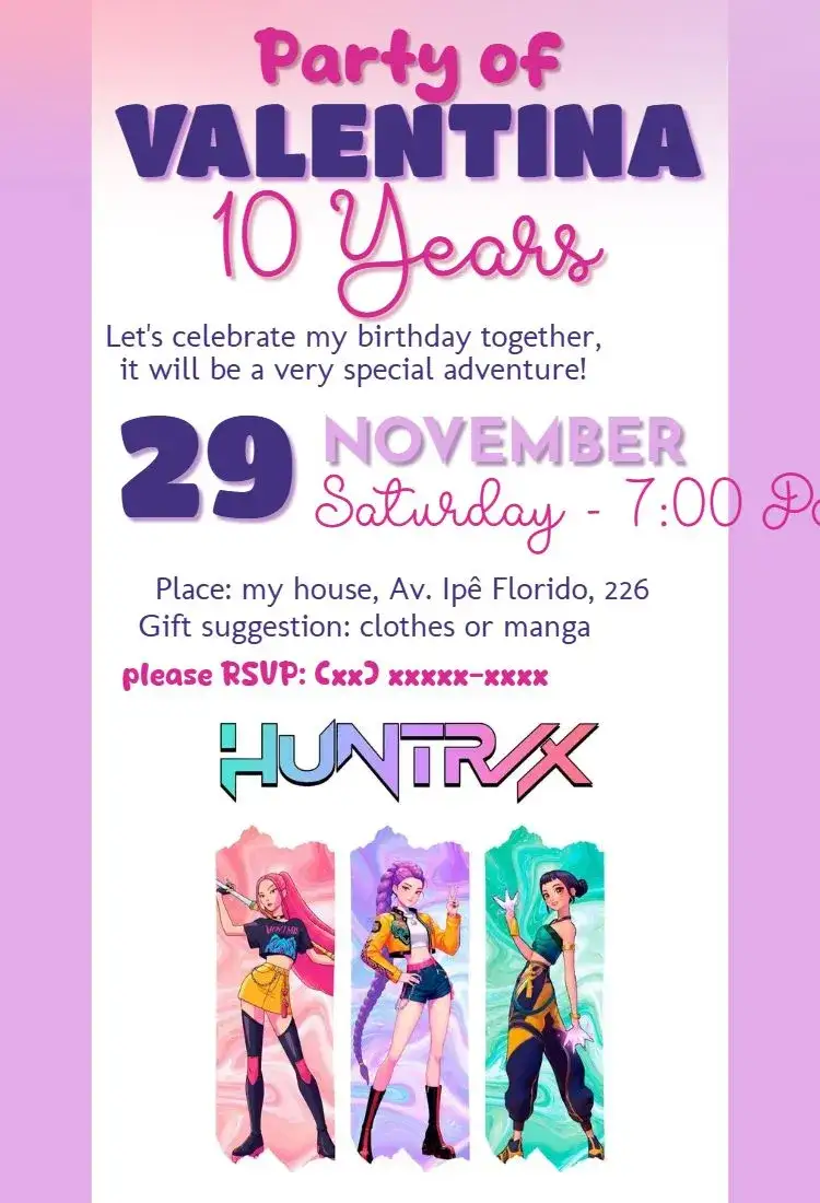 Invitation Kpop Demon Hunters Birthday Party – Kids' Birthday Party theme pink colors, modern style, Kpop graphic elements, inspired by girlbands, fun look, festive atmosphere