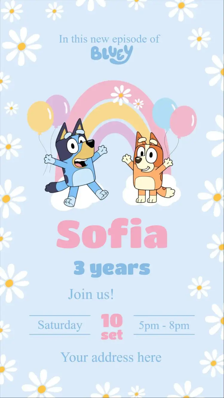 Invitation Bluey – Kids' Birthday Party theme fun, colorful, childish, themed, playful, lively