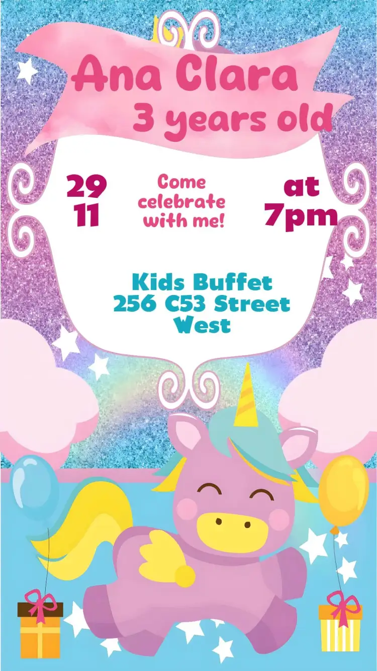 Invitation Unicorn – Kids' Birthday Party theme colorful, magical, fantasy-themed, pastel-colored, sparkling, childlike illustrations