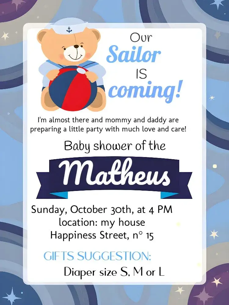 Sailor Teddy Bear Black Diaper Tea Party invitation