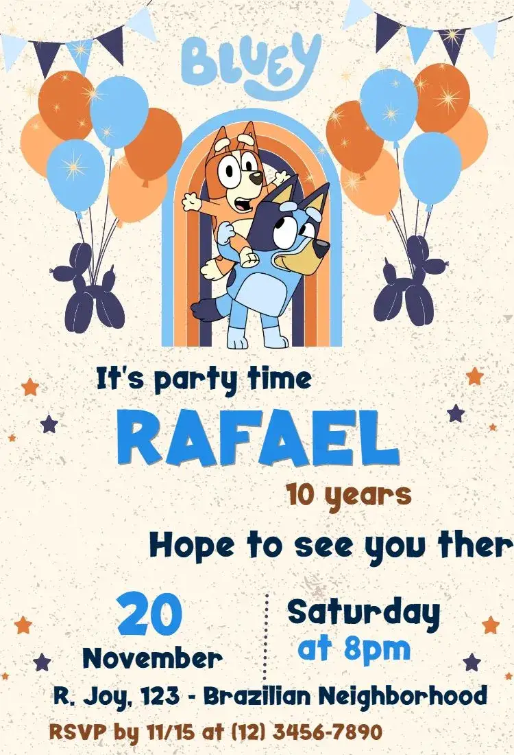Invitation Bluey – Kids' Birthday Party theme colorful, fun, childish, lively, cartoonish, playful