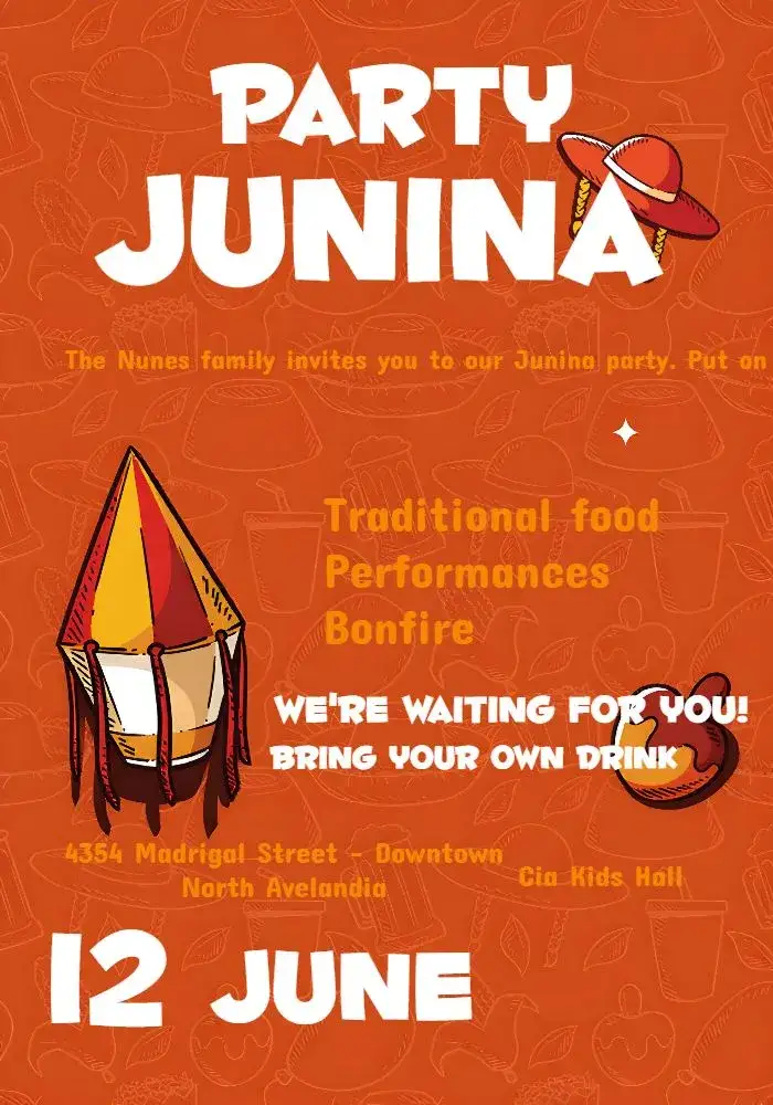 Invitation Junina Straw Party – Commemorative Dates theme rustic, colorful, vintage, cheerful, traditional, themed party