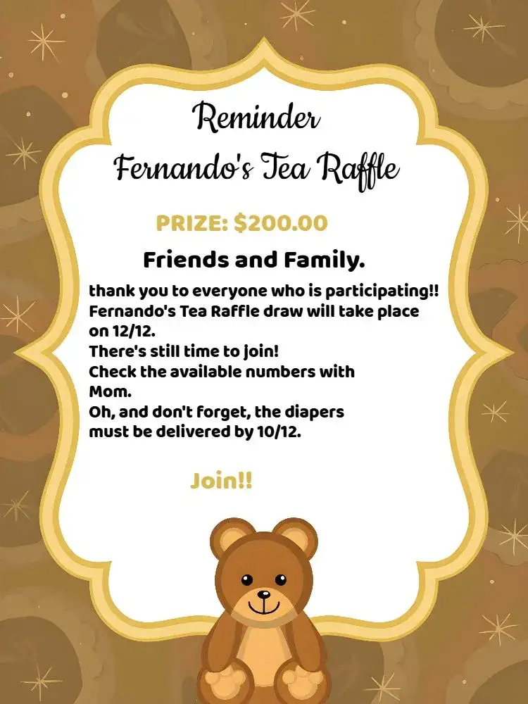 Invitation Golden Teddy Bear Raffle Tea Reminder – Raffle Tea theme golden, white, black, modern, childish