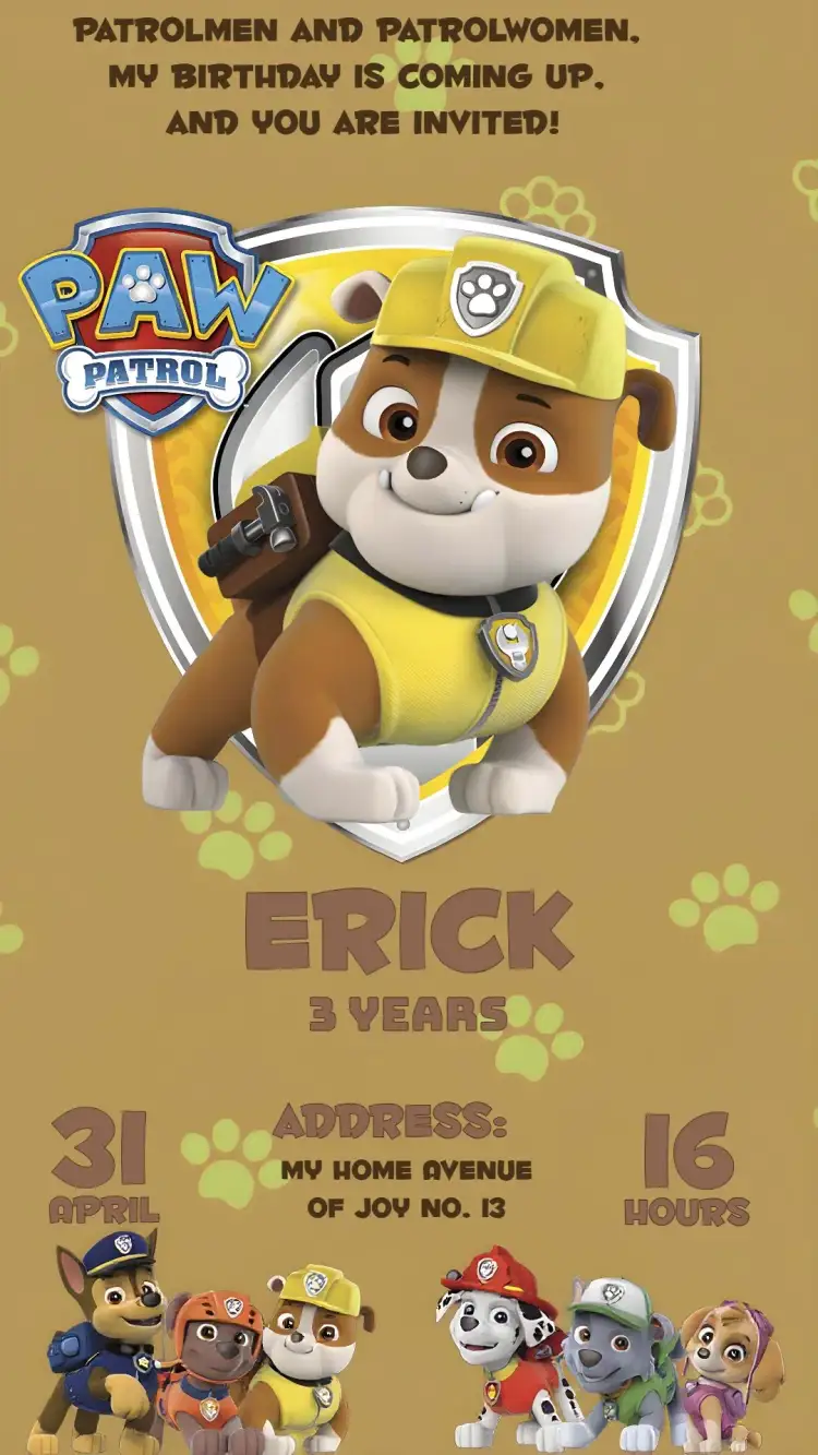 Invitation Rubble Paw Patrol – Kids' Birthday Party theme fun-filled, colorful, childish, themed, lively