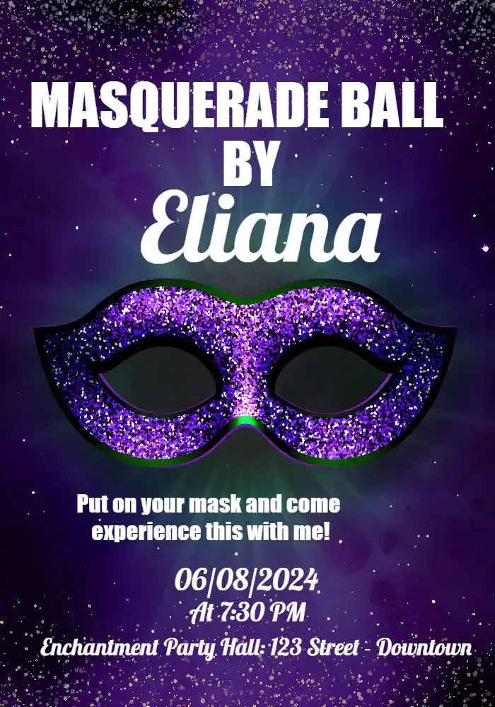 Invitation Masquerade Ball Celebration – Commemorative Dates theme black and purple, glitter, elegant, mysterious, carnival, festive