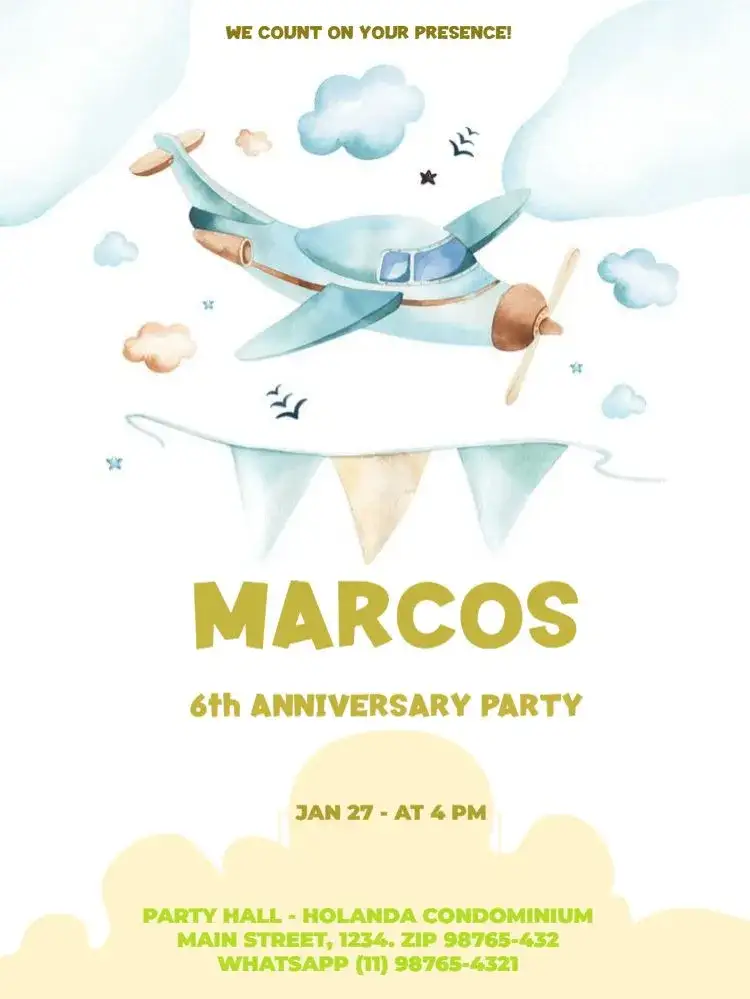 Invitation Blue Airplane Kids Celebration – Kids' Birthday Party theme light blue, airplane, clouds, playful, masculine, childlike