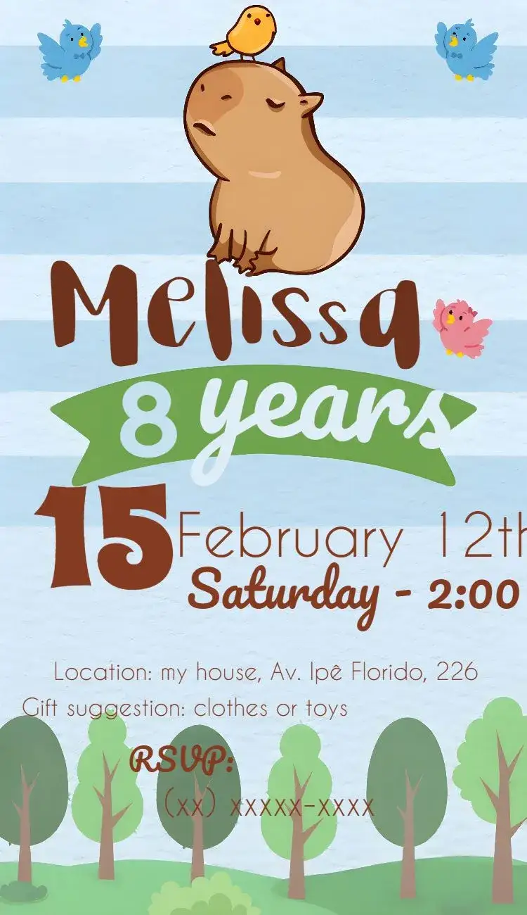 Invitation Capybara Girl – Kids' Birthday Party theme colorful, fun, childish, nature-themed, illustration, cheerful
