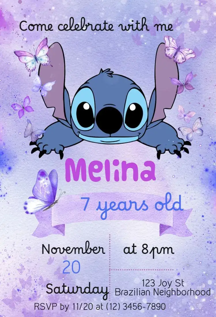 Invitation Stitch – Commemorative Dates theme watercolor, lilac, delicate, childlike, characters, fun