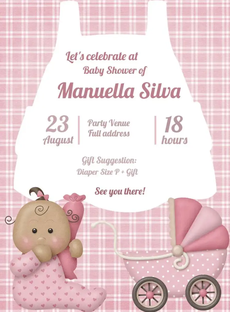 Invitation Baby Shower Girl – Diaper Shower theme pink and brown, playful, baby strollers, diapers, modern