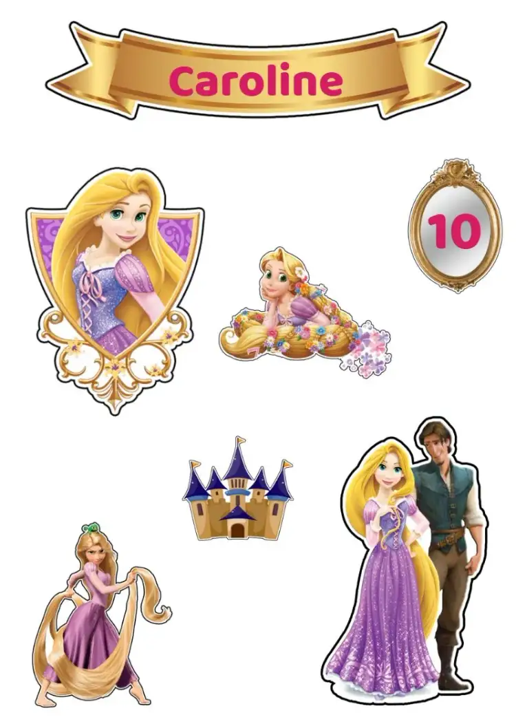 Invitation Golden Rapunzel Cake Topper – Cake topper theme golden, pink, blue, princesses, fairy tales, children's parties