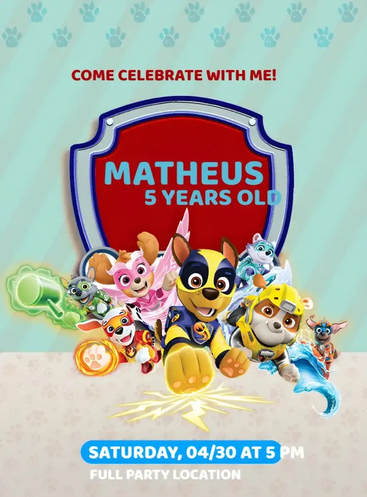 Invitation Paw Patrol Heroes Chase – Kids' Birthday Party theme colorful, fun, themed, childlike, lively, cartoon