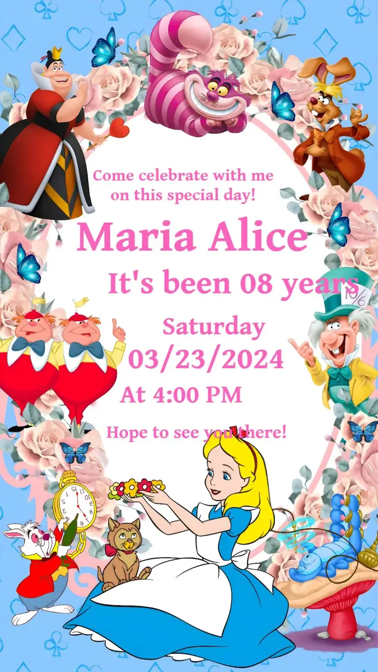 Invitation Alice in Wonderland Butterflies – Commemorative Dates theme colorful, fantastic, playful, vibrant, childlike, artistic illustrations