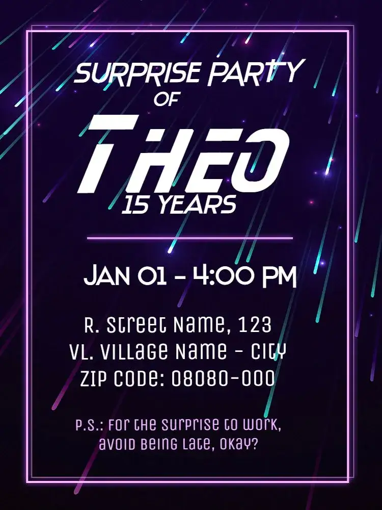Invitation - Virtual Surprise - Comets Shooting Stars – Kids' Birthday Party theme space theme, dark colors, sparkle, comet illustrations, star elements, fun style