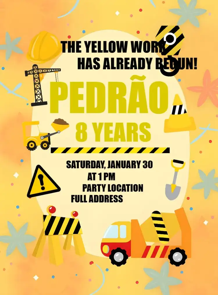 Invitation Yellow Construction – Raffle Tea theme construction theme, modern theme, yellow and black theme, children's theme, tractor theme, fun theme