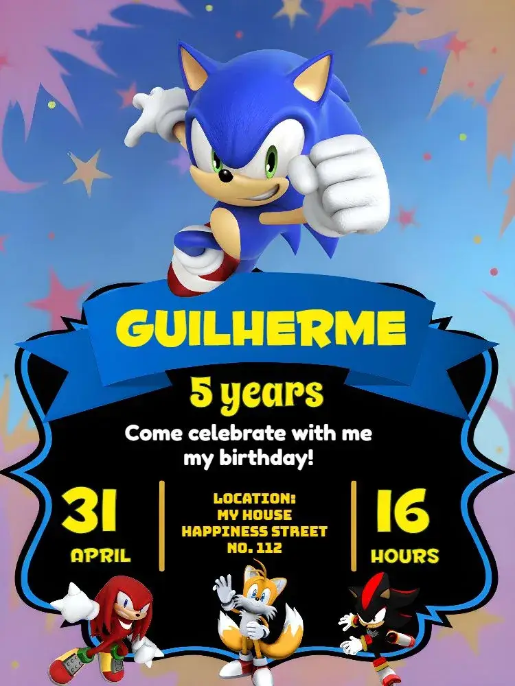 Invitation Sonic Kids – Most searched for theme vibrant colors, gamer style, pop culture elements, animated design, game theme, childlike visuals