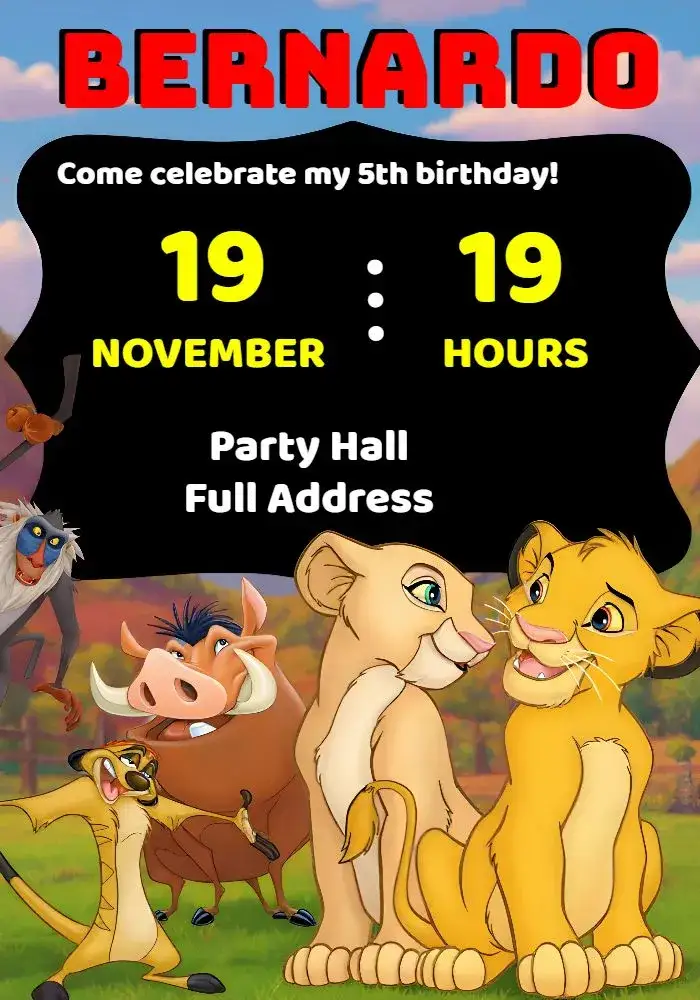 Invitation Green Lion King – Kids' Birthday Party theme animals, safari, green, brown, fun, colorful