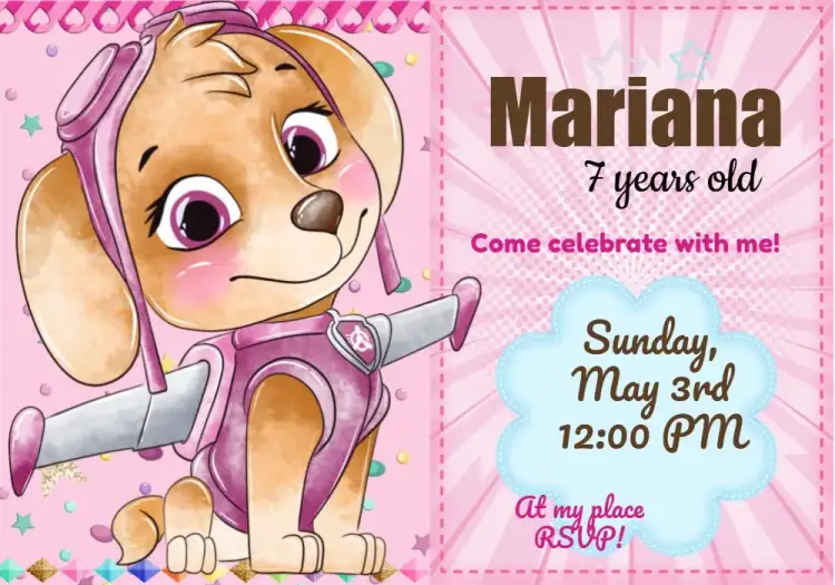 Invitation Skye Paw Patrol Girl – Kids' Birthday Party theme pink, adventure, children's, fun, colorful