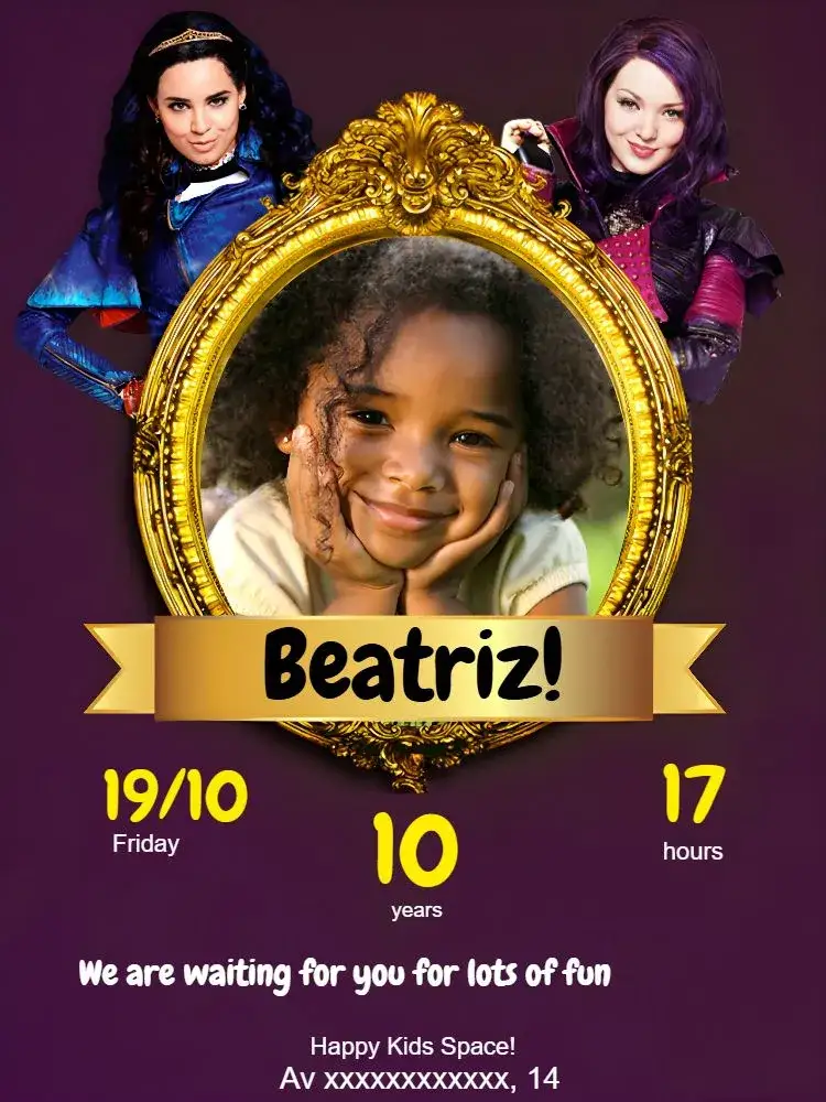 Invitation Descendants With Mirror Photo – Kids' Birthday Party theme purple, fantasy, fun, colorful, playful, modern