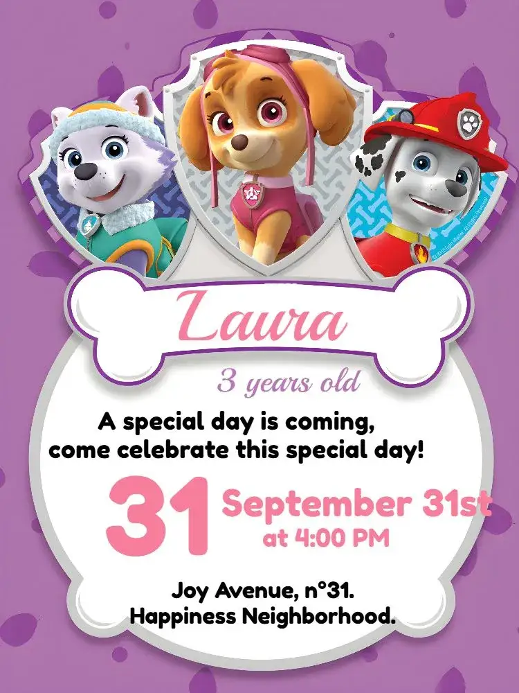 Invitation Skye Paw Patrol Dog – Kids' Birthday Party theme pink, fun, childish, themed, colorful, lively