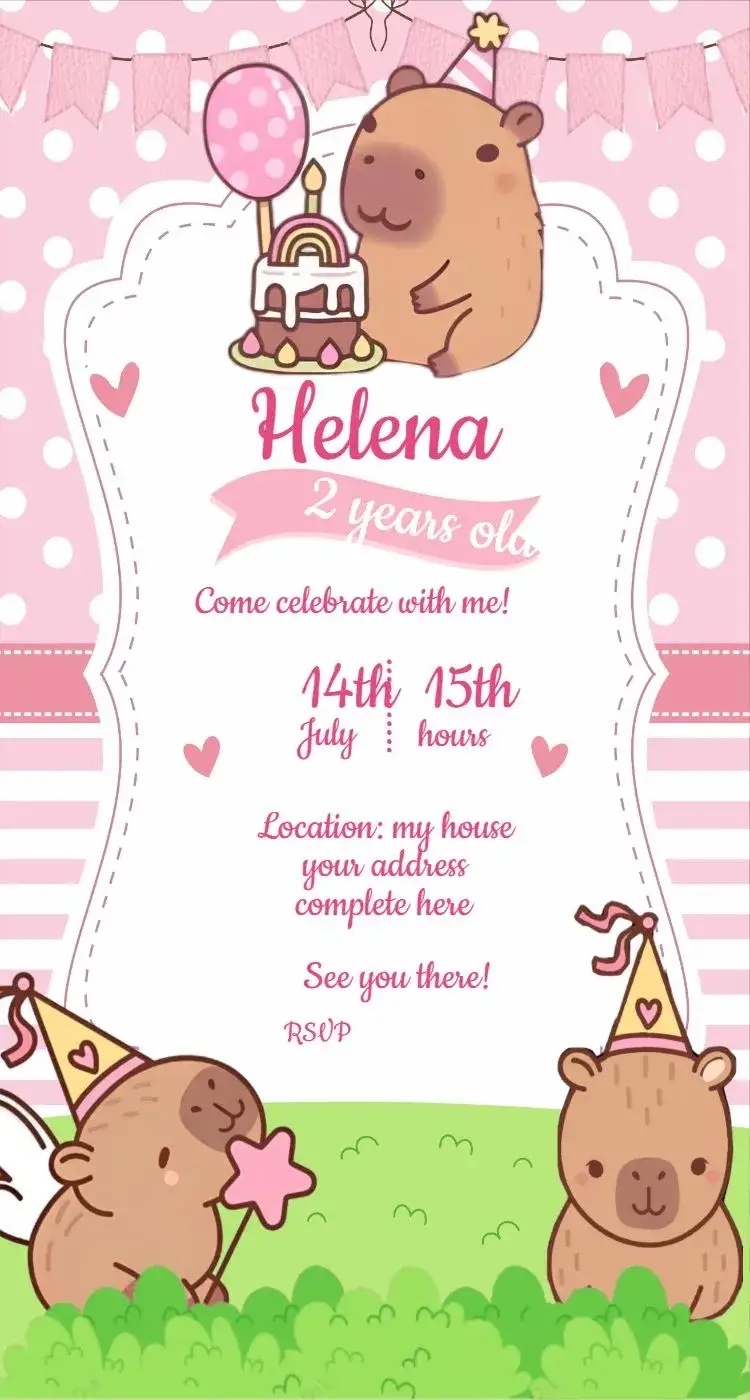 Invitation Pink Capybara Invitation – Kids' Birthday Party theme pink, magical, fairies, princesses, playful, fun
