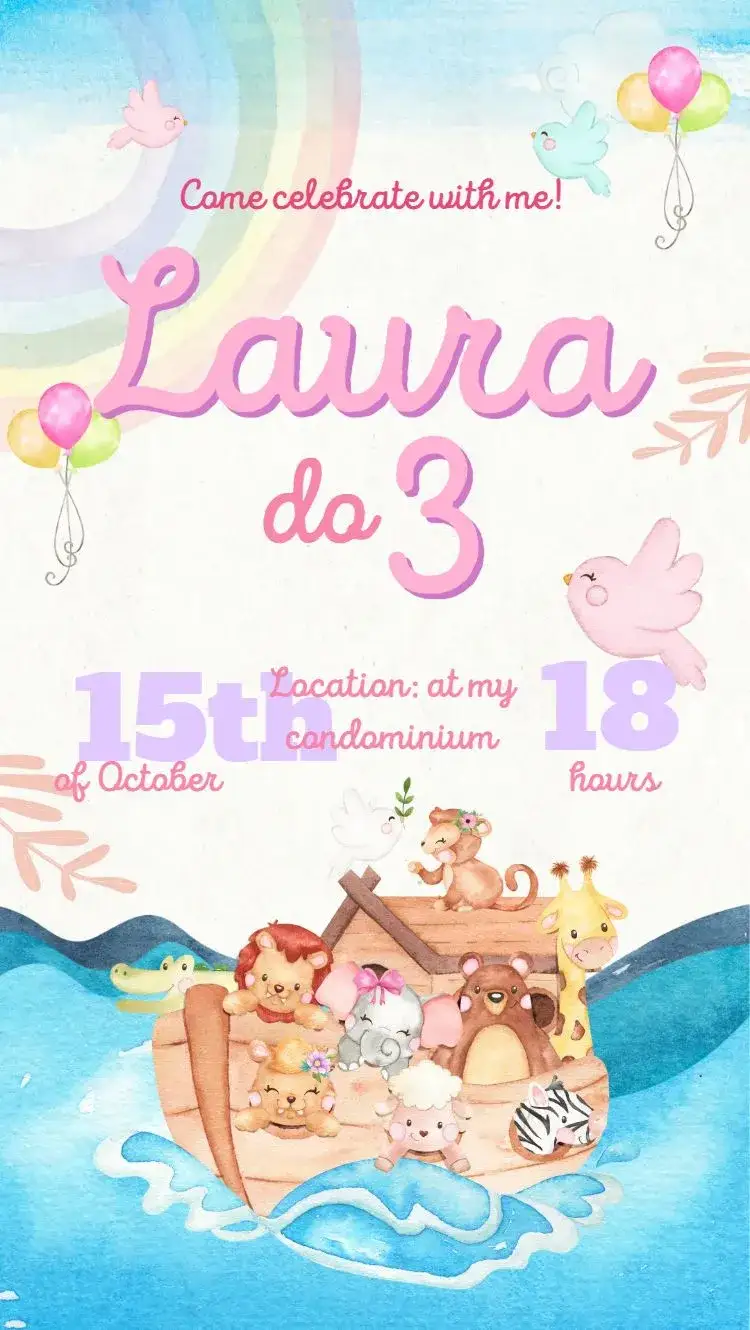 Invitation Arca de Noé pink – Kids' Birthday Party theme pink, watercolor, childish, animals, delicate, themed