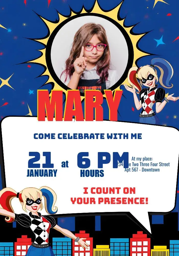 Invitation Harley Quinn With Movie Photo – Kids' Birthday Party theme colorful, comics, modern, fun, themed
