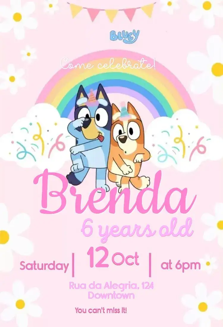 Invitation Bluey Pink – Kids' Birthday Party theme flowers, pastel, playful, feminine, colorful, childlike