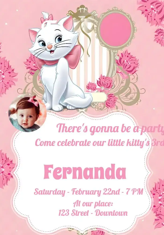 Invitation Marie Kitten With Bow Photo – Most searched for theme floral, delicate, pink, golden, childlike, feminine